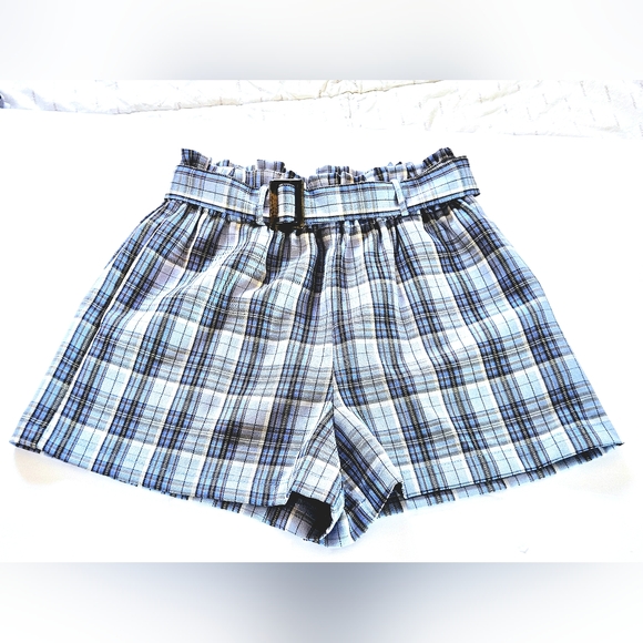 Women's Blue Plaid Paper Bag Shorts High Waisted Belt Pockets size Small - Picture 3 of 8